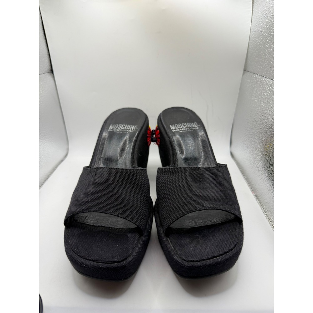 Moschino Cheap and Chic Black Canvas Floral Raffia Embroidered Wedge Sandals